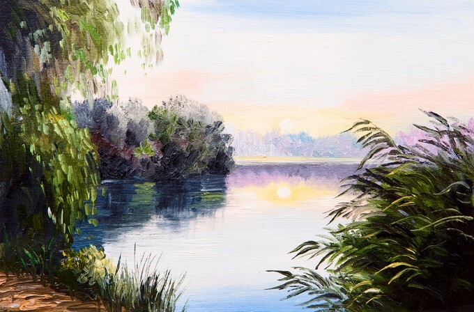 Oil painting - sunrise on the lake, abstract drawing, impressionism